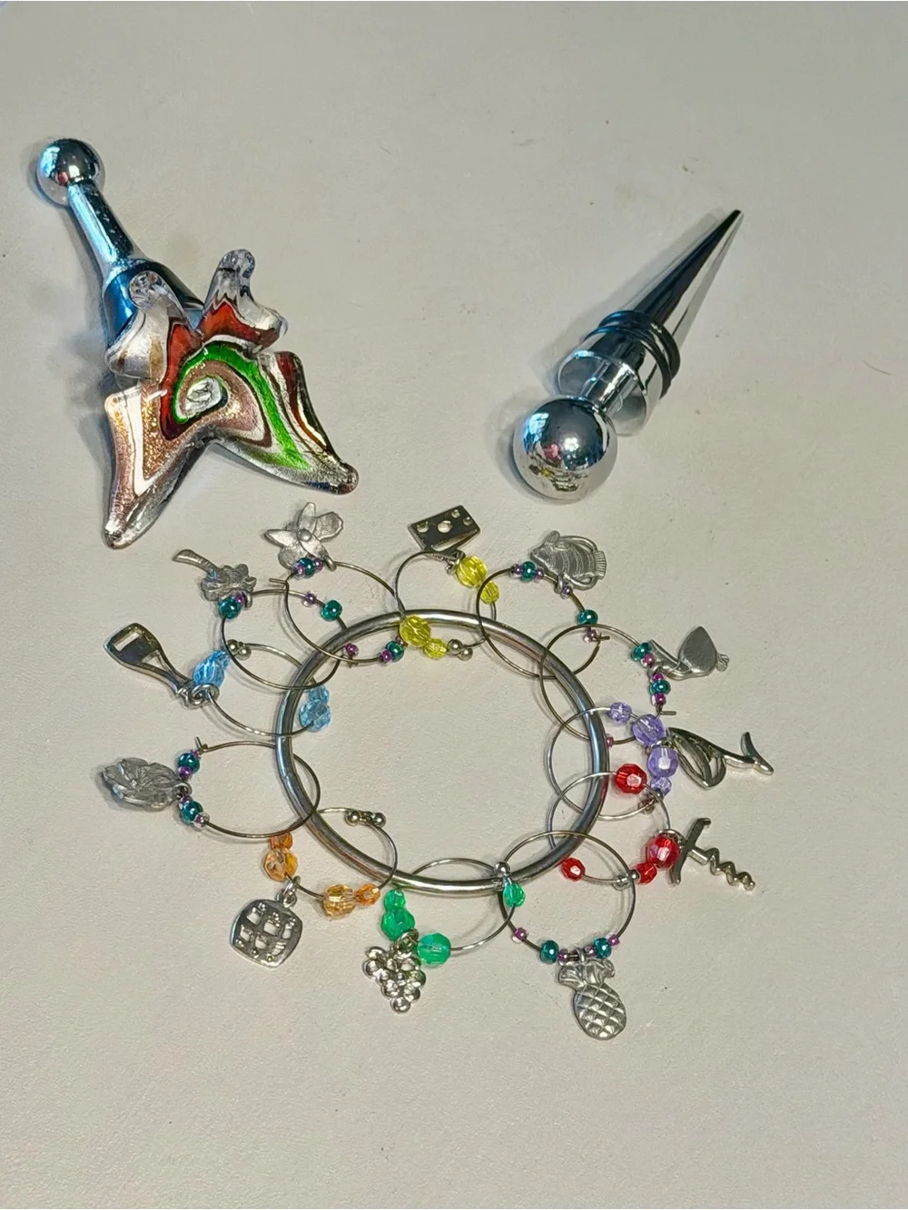 Vintage Wine Glass Charms Set with Multicolor Beads & 2 Wine Bottle Toppers